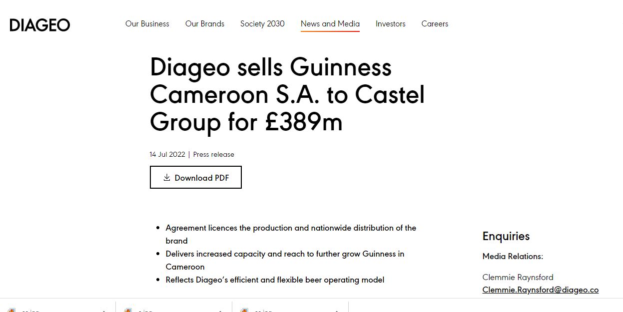 Diageo Sells Guinness Cameroon To Castel Group